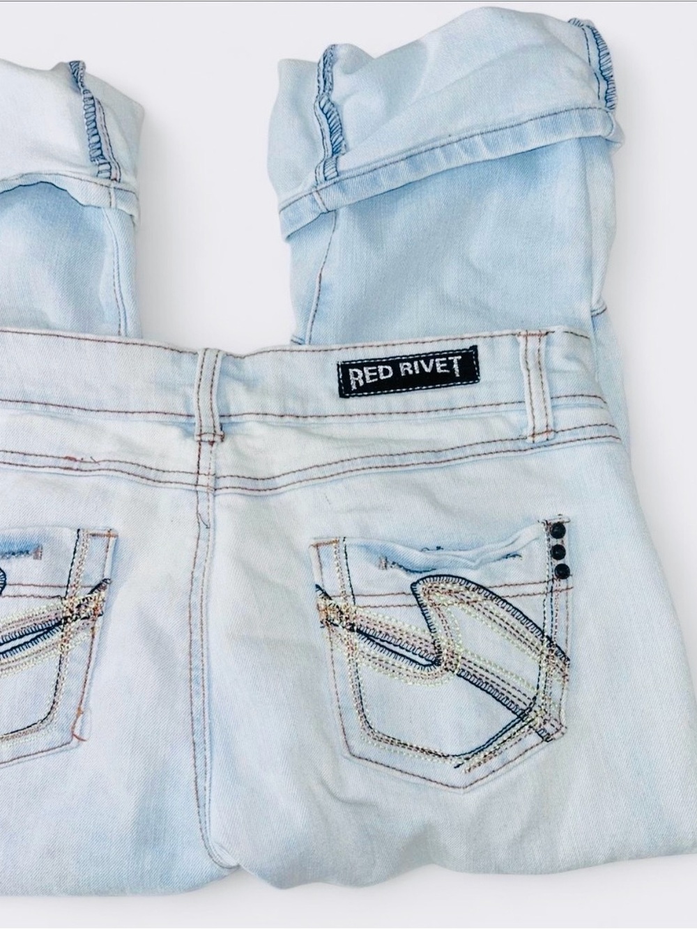 Red Rivet Light Blue Denim Women's Overalls with Embroidered Back Pockets